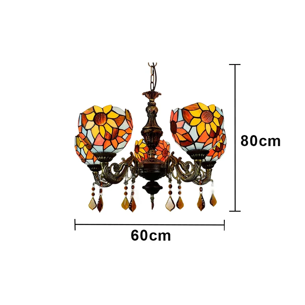LIVARA 5-Light Stained Glass Chandelier Vintage Pendant Light Adjustable Chain 60x80cm for Dining Living Room - Mustard Yellow - Image 6