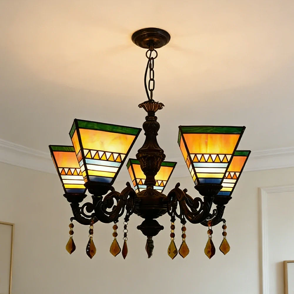 LIVARA 5-Light Stained Glass Chandelier Vintage Pendant Light Adjustable Chain 60x80cm for Dining Living Room - Bright Yellow - Image 2