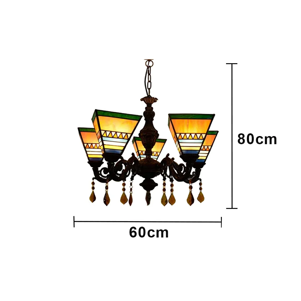 LIVARA 5-Light Stained Glass Chandelier Vintage Pendant Light Adjustable Chain 60x80cm for Dining Living Room - Bright Yellow - Image 6