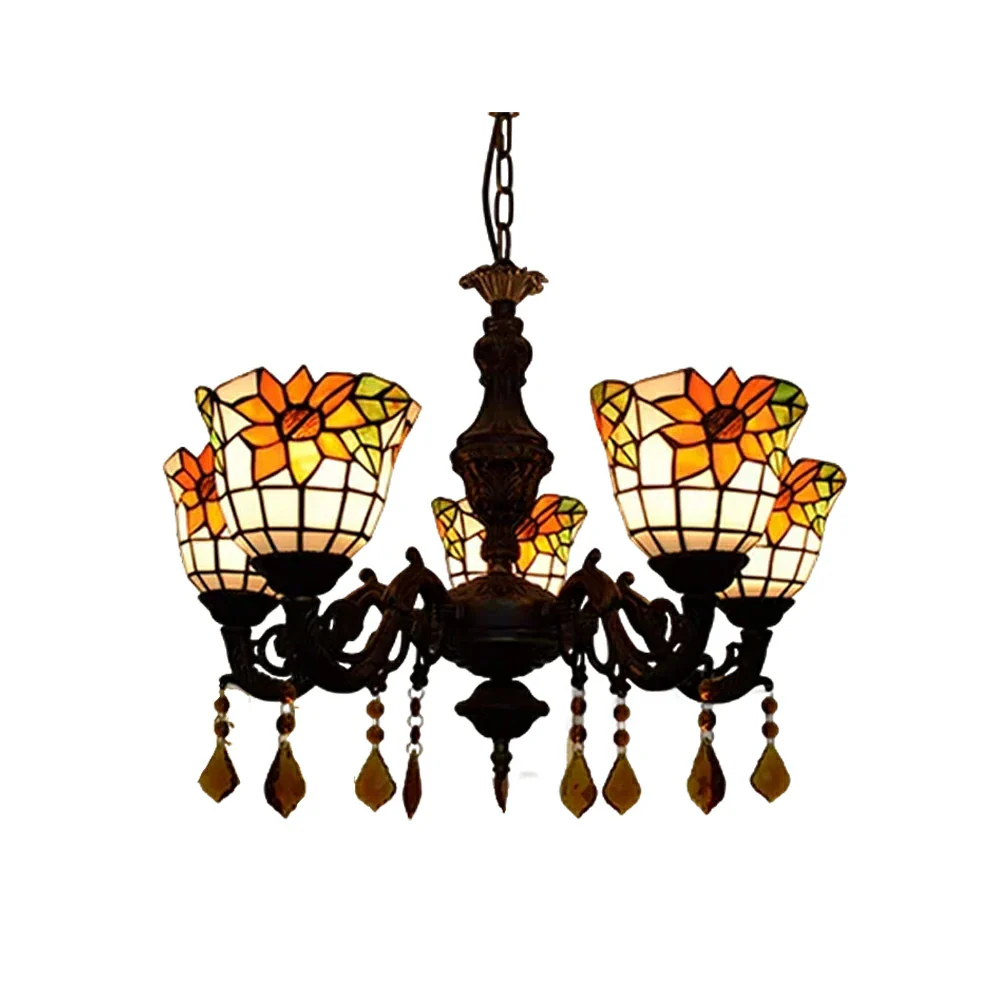 LIVARA 5-Light Stained Glass Chandelier Vintage Pendant Light Adjustable Chain 60x80cm for Dining Living Room - Apricot
