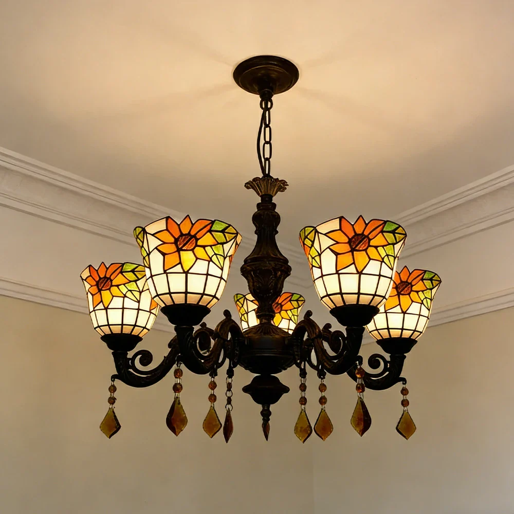 LIVARA 5-Light Stained Glass Chandelier Vintage Pendant Light Adjustable Chain 60x80cm for Dining Living Room - Apricot - Image 2