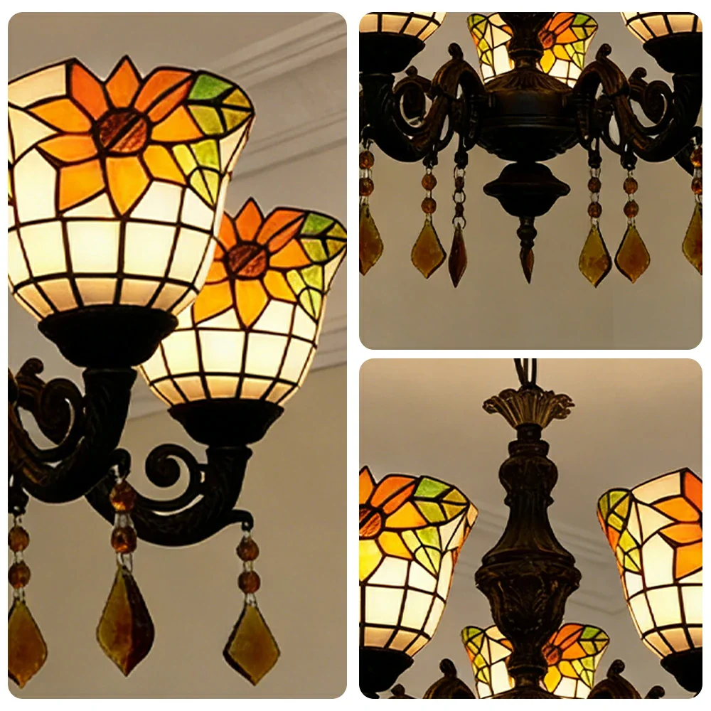 LIVARA 5-Light Stained Glass Chandelier Vintage Pendant Light Adjustable Chain 60x80cm for Dining Living Room - Apricot - Image 3