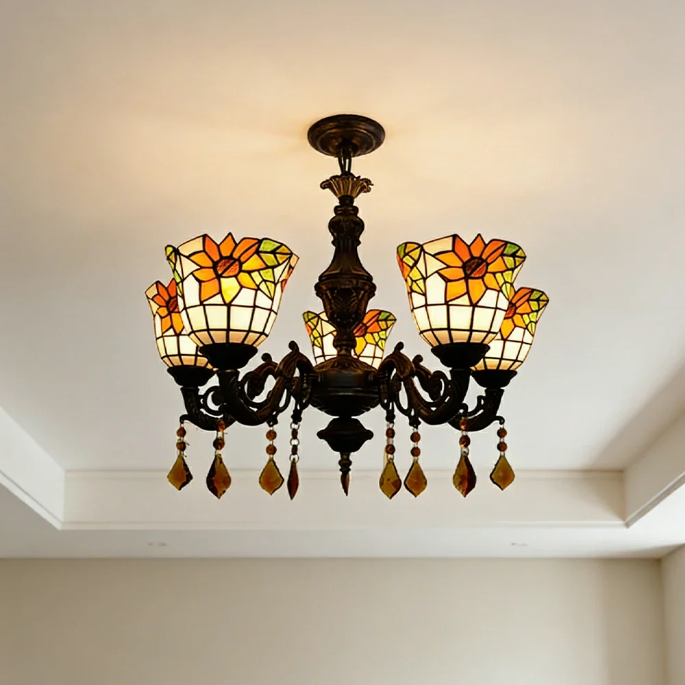 LIVARA 5-Light Stained Glass Chandelier Vintage Pendant Light Adjustable Chain 60x80cm for Dining Living Room - Apricot - Image 4