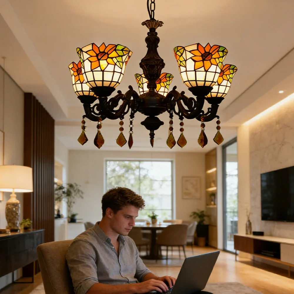 LIVARA 5-Light Stained Glass Chandelier Vintage Pendant Light Adjustable Chain 60x80cm for Dining Living Room - Apricot - Image 5