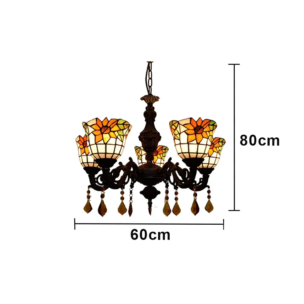 LIVARA 5-Light Stained Glass Chandelier Vintage Pendant Light Adjustable Chain 60x80cm for Dining Living Room - Apricot - Image 6