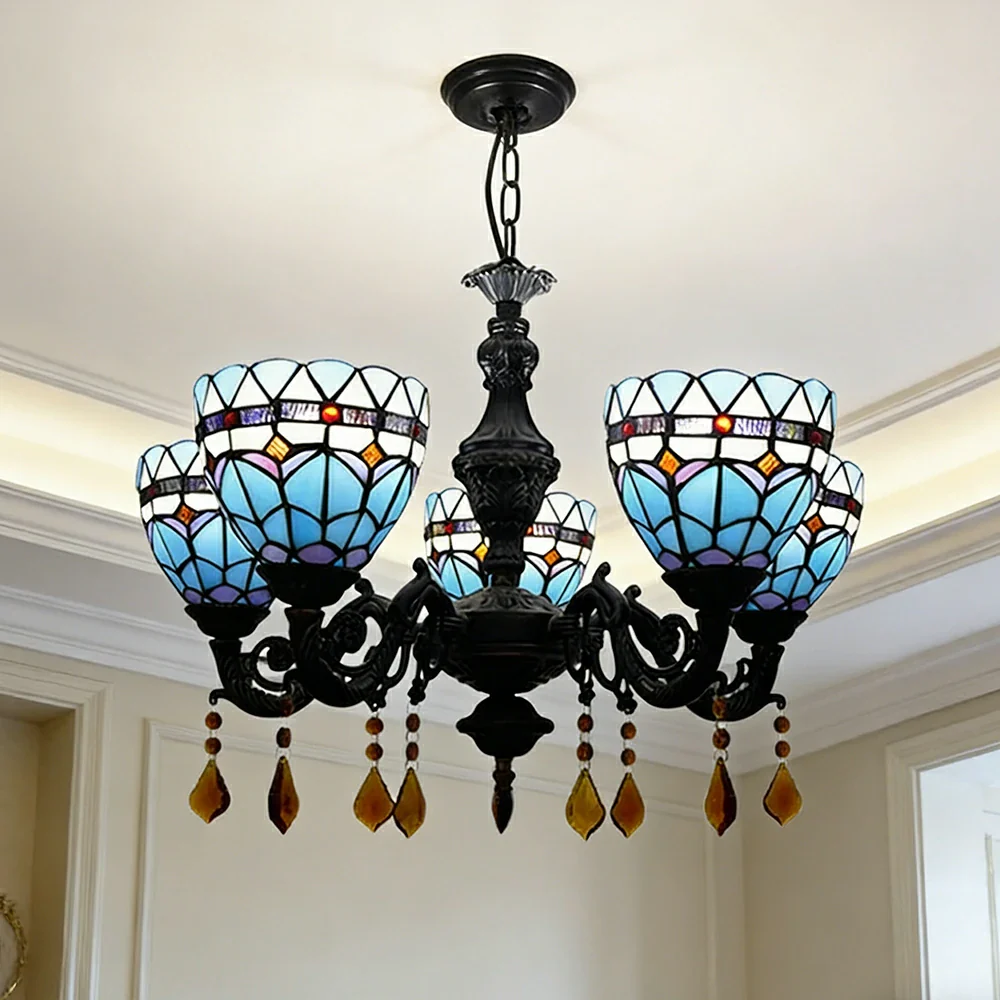 LIVARA 5-Light Stained Glass Chandelier Vintage Pendant Light Adjustable Chain 60x80cm for Dining Living Room - Sky Blue - Image 2