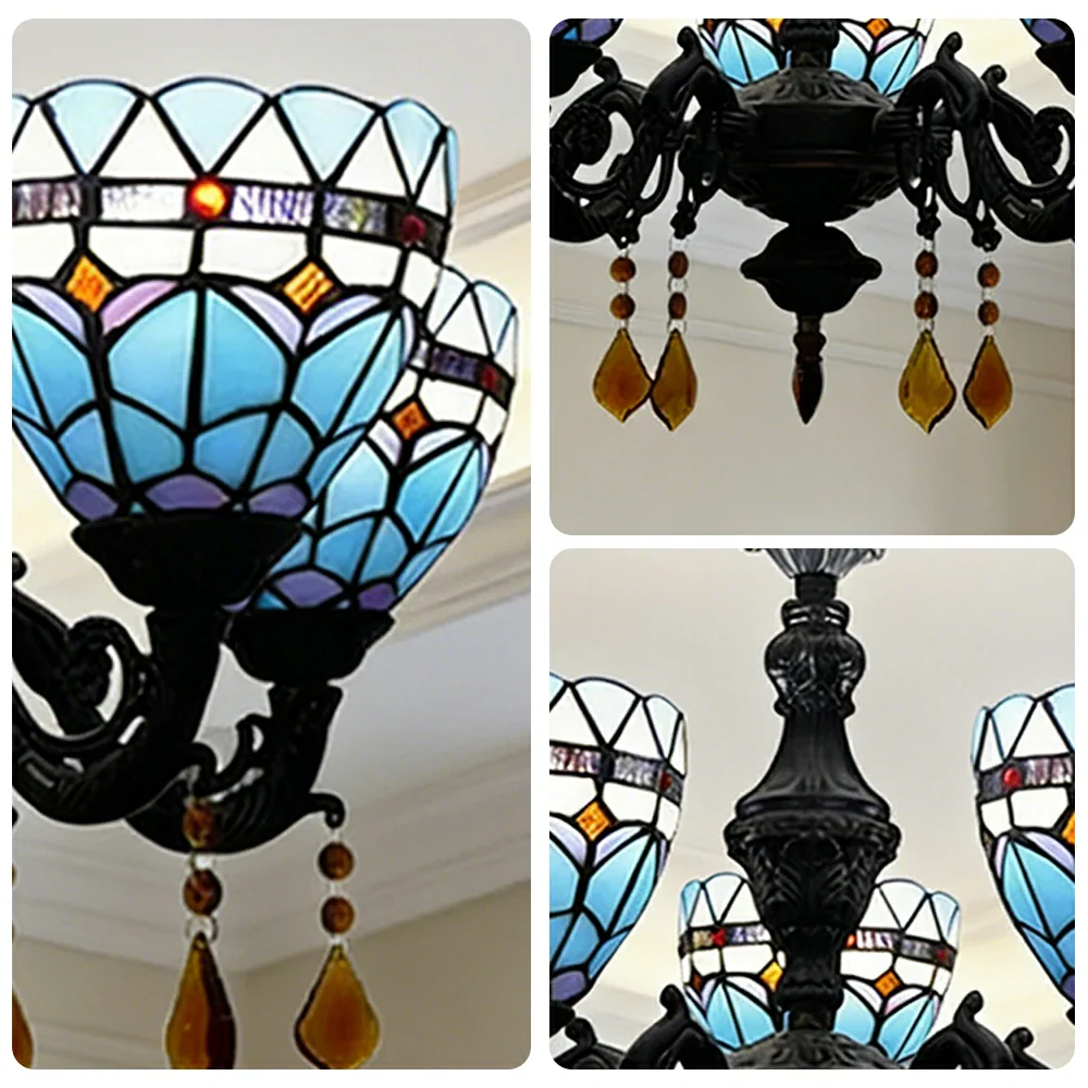 LIVARA 5-Light Stained Glass Chandelier Vintage Pendant Light Adjustable Chain 60x80cm for Dining Living Room - Sky Blue - Image 3