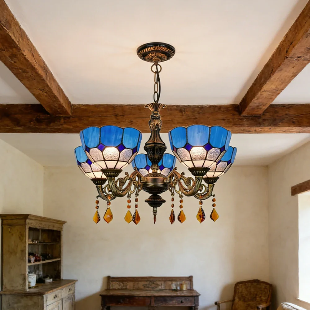 LIVARA 5-Light Stained Glass Chandelier Vintage Pendant Light Adjustable Chain 63x80cm for Dining Living Room - Lake Blue - Image 4