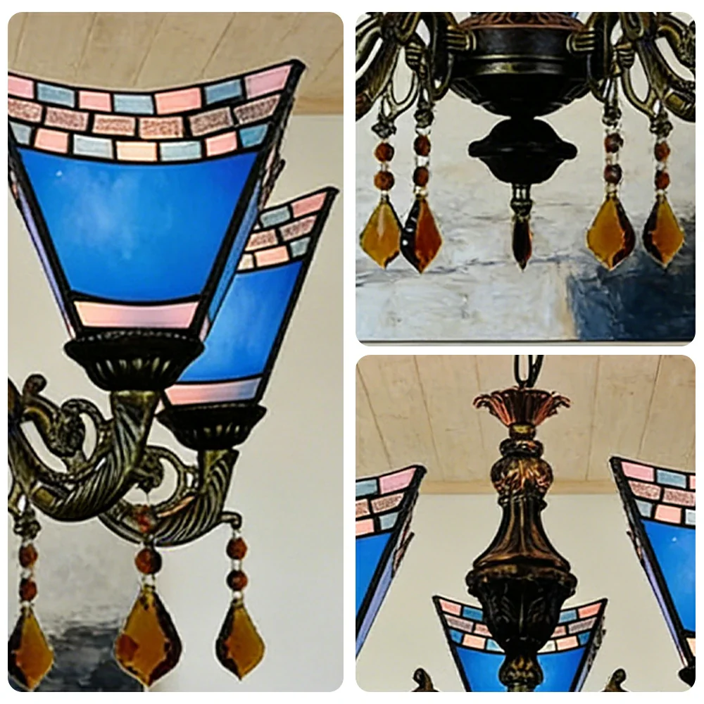 LIVARA 5-Light Stained Glass Chandelier Vintage Pendant Light Adjustable Chain 60x80cm for Dining Living Room - Navy Blue - Image 3
