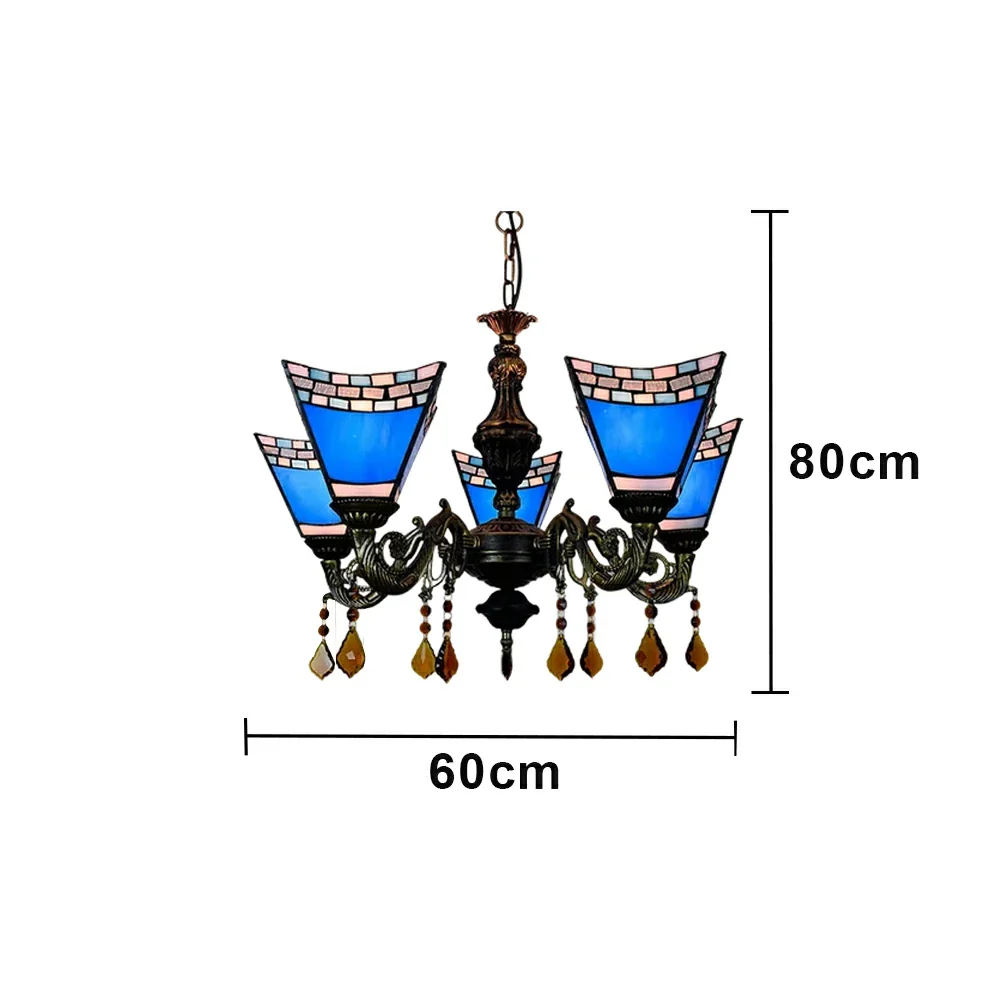 LIVARA 5-Light Stained Glass Chandelier Vintage Pendant Light Adjustable Chain 60x80cm for Dining Living Room - Navy Blue - Image 6