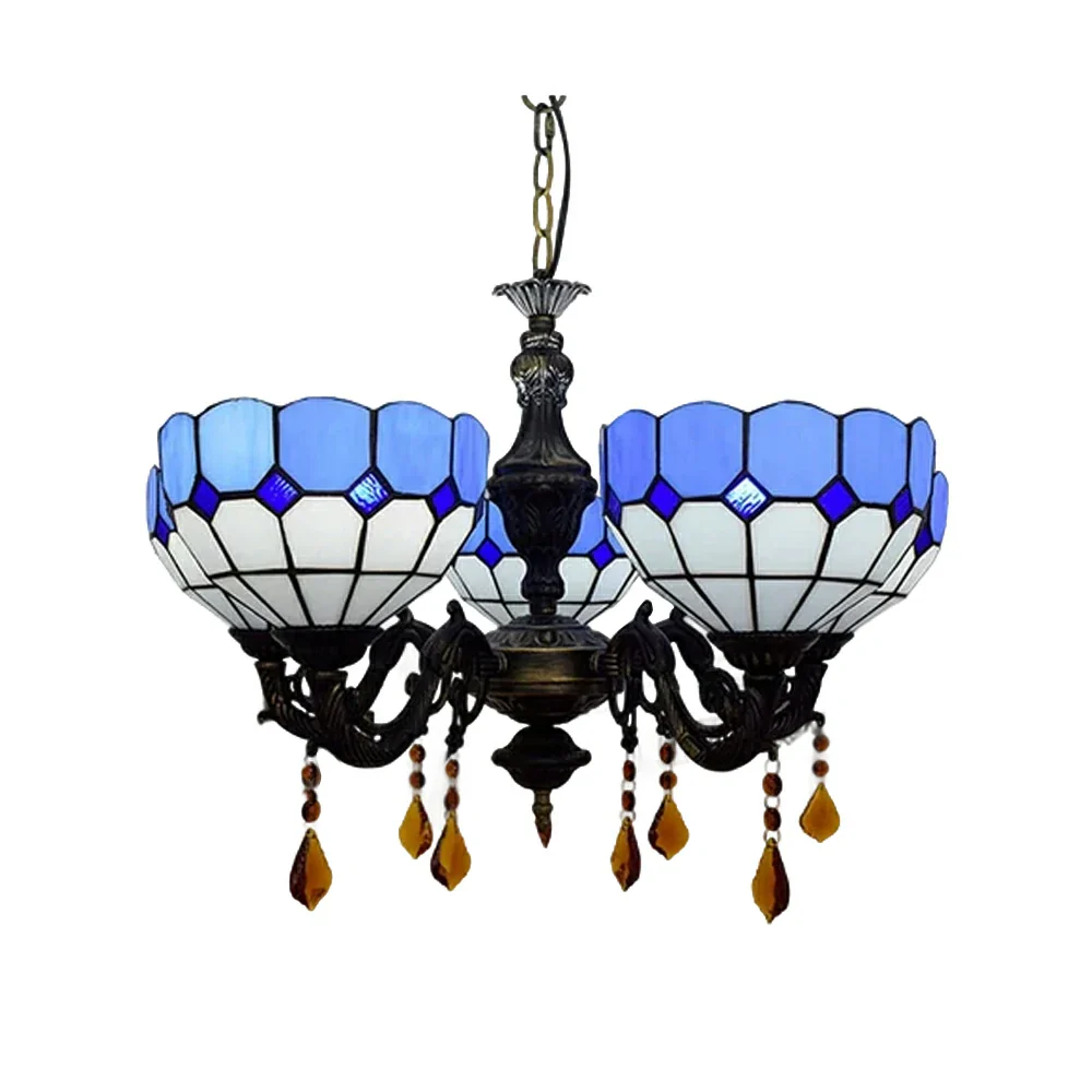LIVARA Vintage European Stained Glass Chandelier Artistic Pendant Light 63x80cm for Dining Room Living Space - Blue