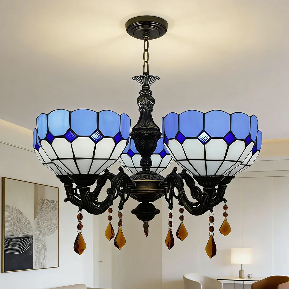 LIVARA Vintage European Stained Glass Chandelier Artistic Pendant Light 63x80cm for Dining Room Living Space - Blue - Image 2