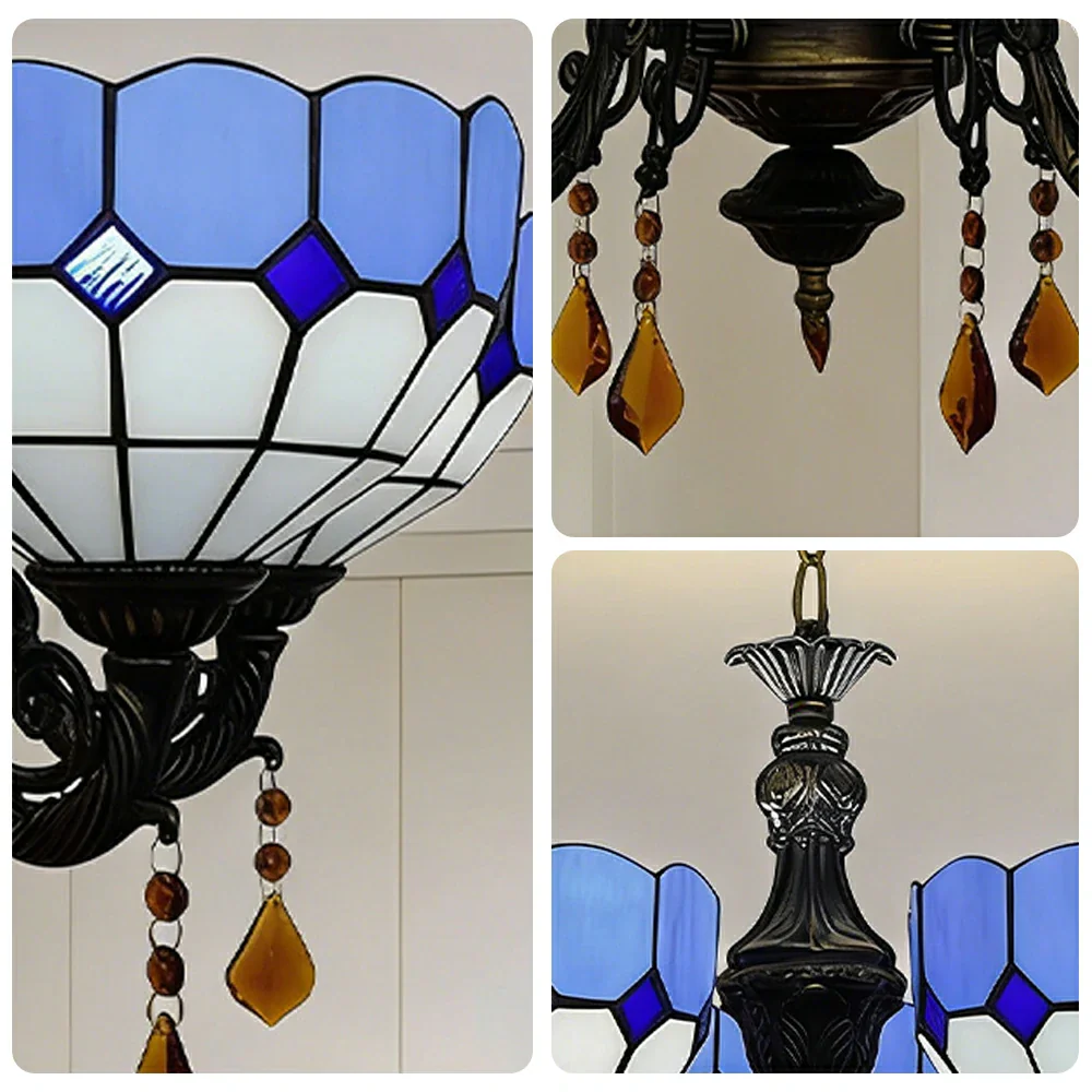 LIVARA Vintage European Stained Glass Chandelier Artistic Pendant Light 63x80cm for Dining Room Living Space - Blue - Image 3