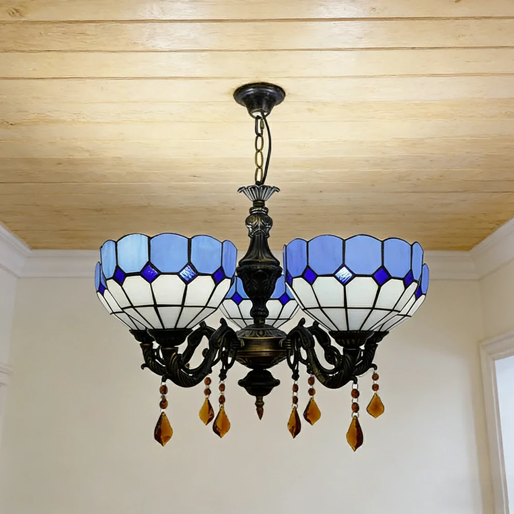 LIVARA Vintage European Stained Glass Chandelier Artistic Pendant Light 63x80cm for Dining Room Living Space - Blue - Image 4