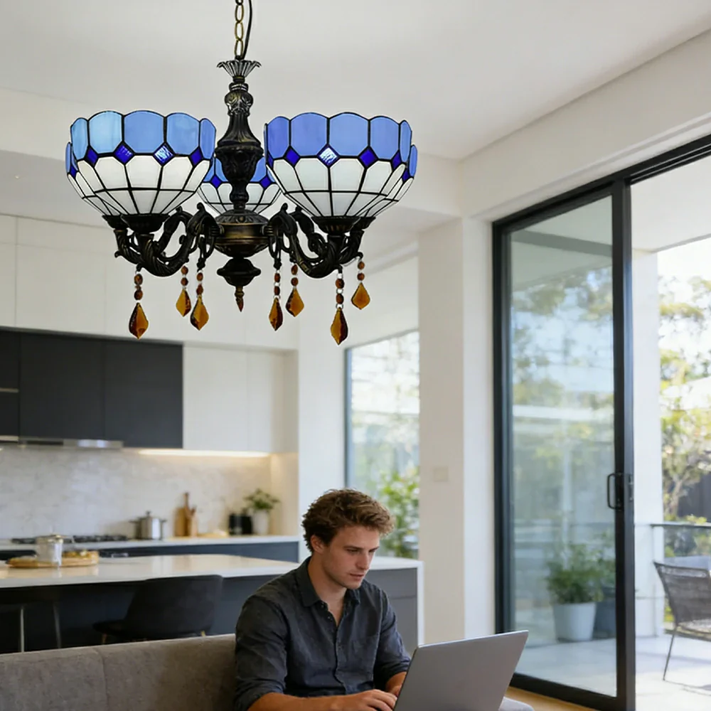 LIVARA Vintage European Stained Glass Chandelier Artistic Pendant Light 63x80cm for Dining Room Living Space - Blue - Image 5