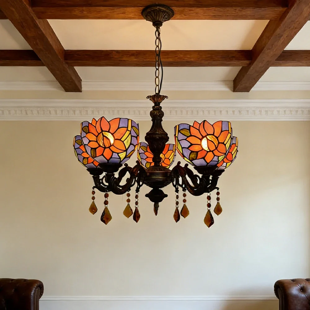 LIVARA 5-Light Stained Glass Chandelier Vintage Pendant Light Adjustable Chain 60x80cm Blue Sunflower Pattern Design for Dining Living Room - Image 2