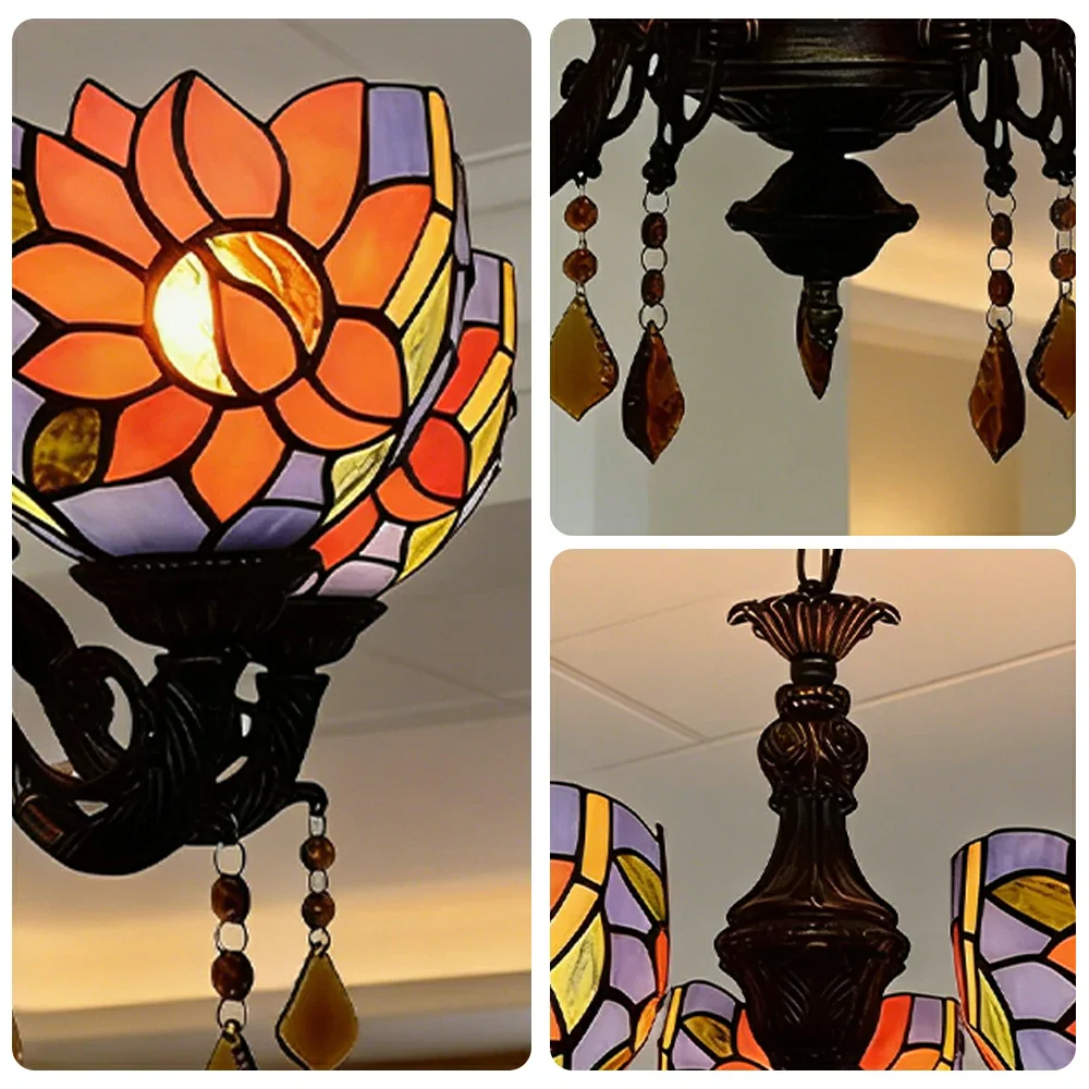 LIVARA 5-Light Stained Glass Chandelier Vintage Pendant Light Adjustable Chain 60x80cm Blue Sunflower Pattern Design for Dining Living Room - Image 3