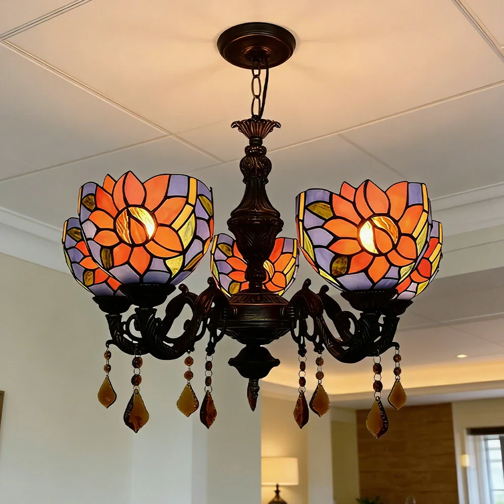 LIVARA 5-Light Stained Glass Chandelier Vintage Pendant Light Adjustable Chain 60x80cm Blue Sunflower Pattern Design for Dining Living Room - Image 4