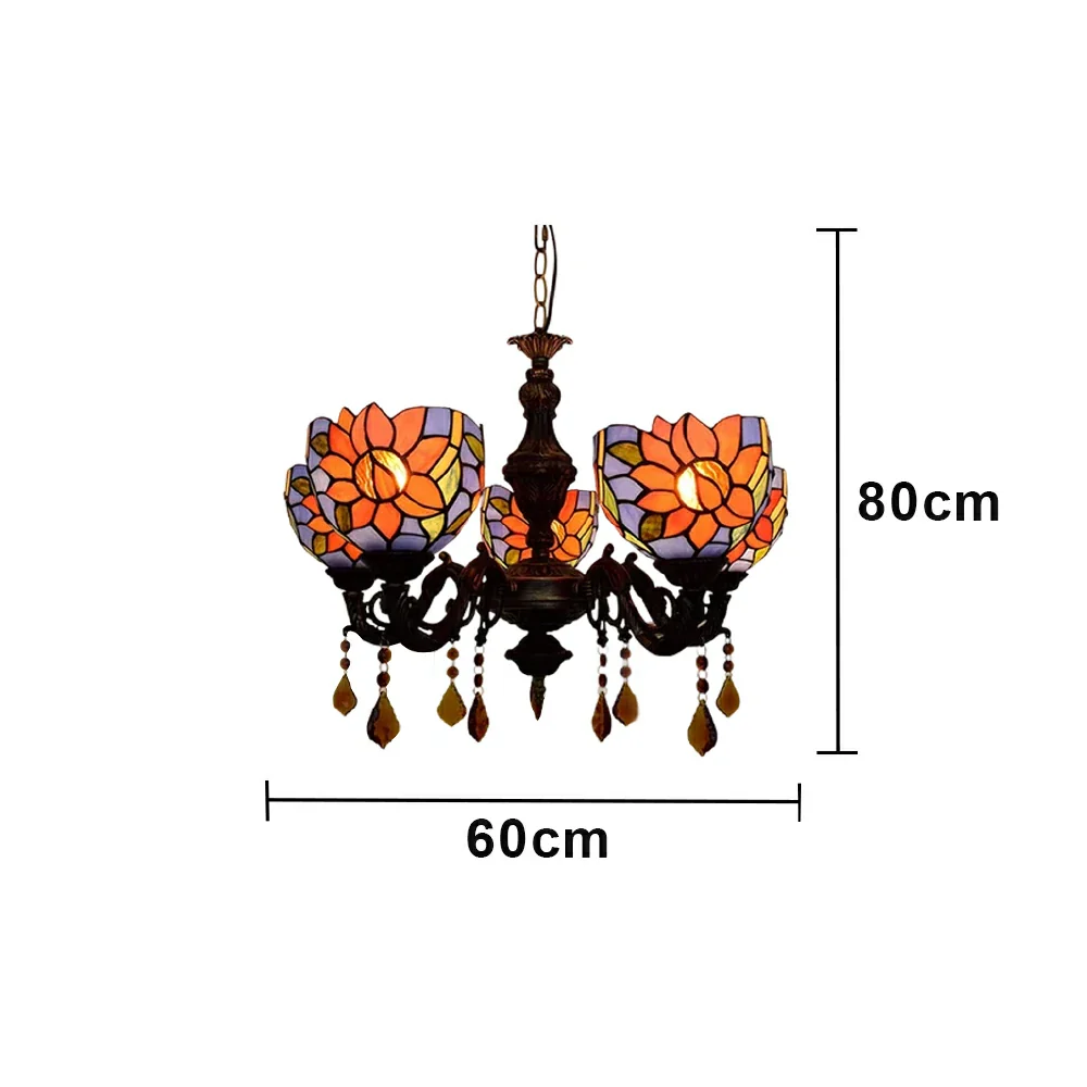 LIVARA 5-Light Stained Glass Chandelier Vintage Pendant Light Adjustable Chain 60x80cm Blue Sunflower Pattern Design for Dining Living Room - Image 6