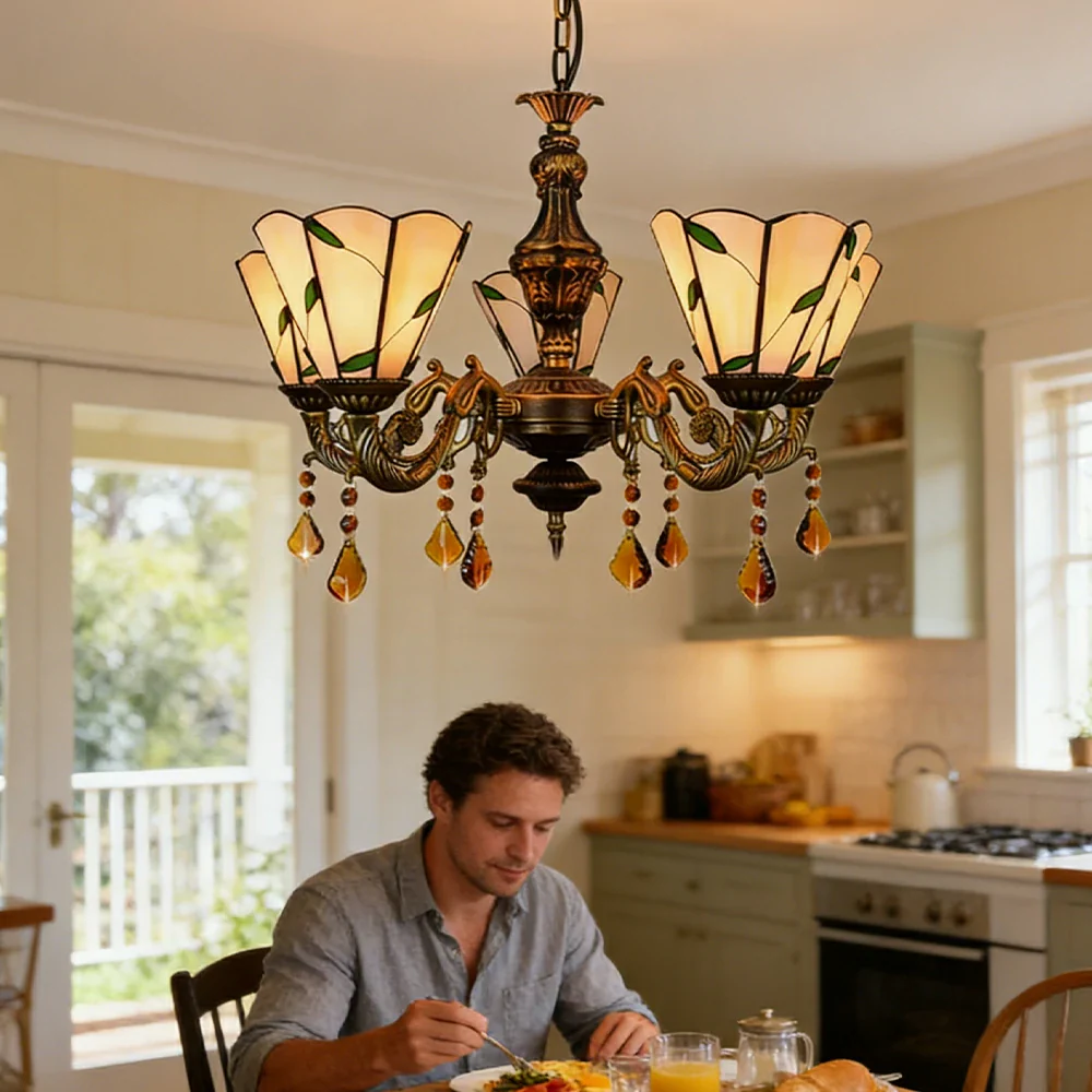 LIVARA 5-Light Stained Glass Chandelier Vintage Pendant Light Adjustable Chain 60x80cm Warm Tone Leaf Pattern Design for Dining Living Room - Image 5