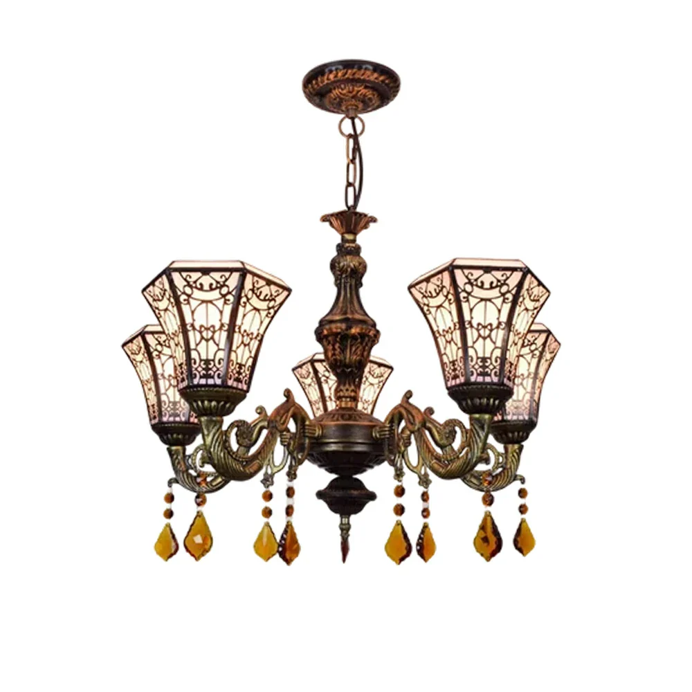 LIVARA 5-Light Stained Glass Chandelier Vintage Pendant Light Adjustable Chain 60x80cm Copper Mesh Design for Dining Living Room
