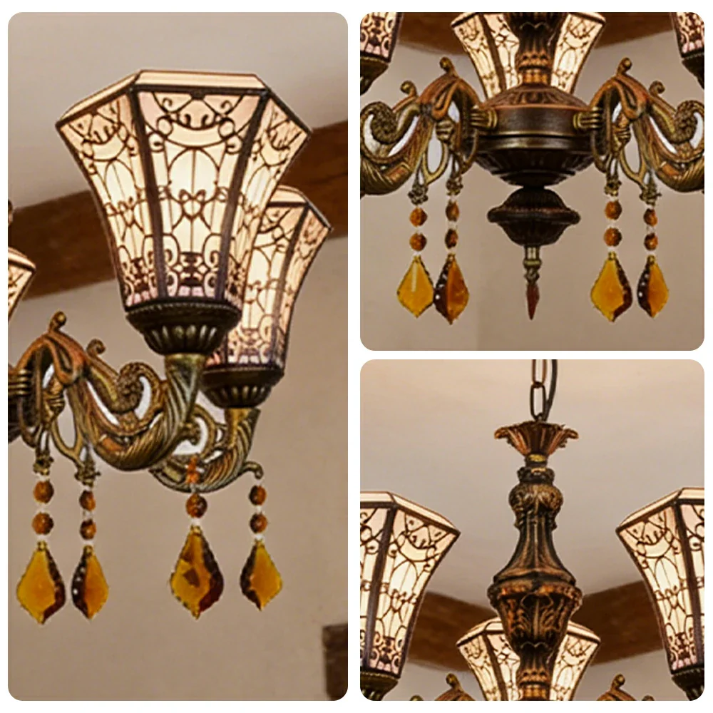 LIVARA 5-Light Stained Glass Chandelier Vintage Pendant Light Adjustable Chain 60x80cm Copper Mesh Design for Dining Living Room - Image 3
