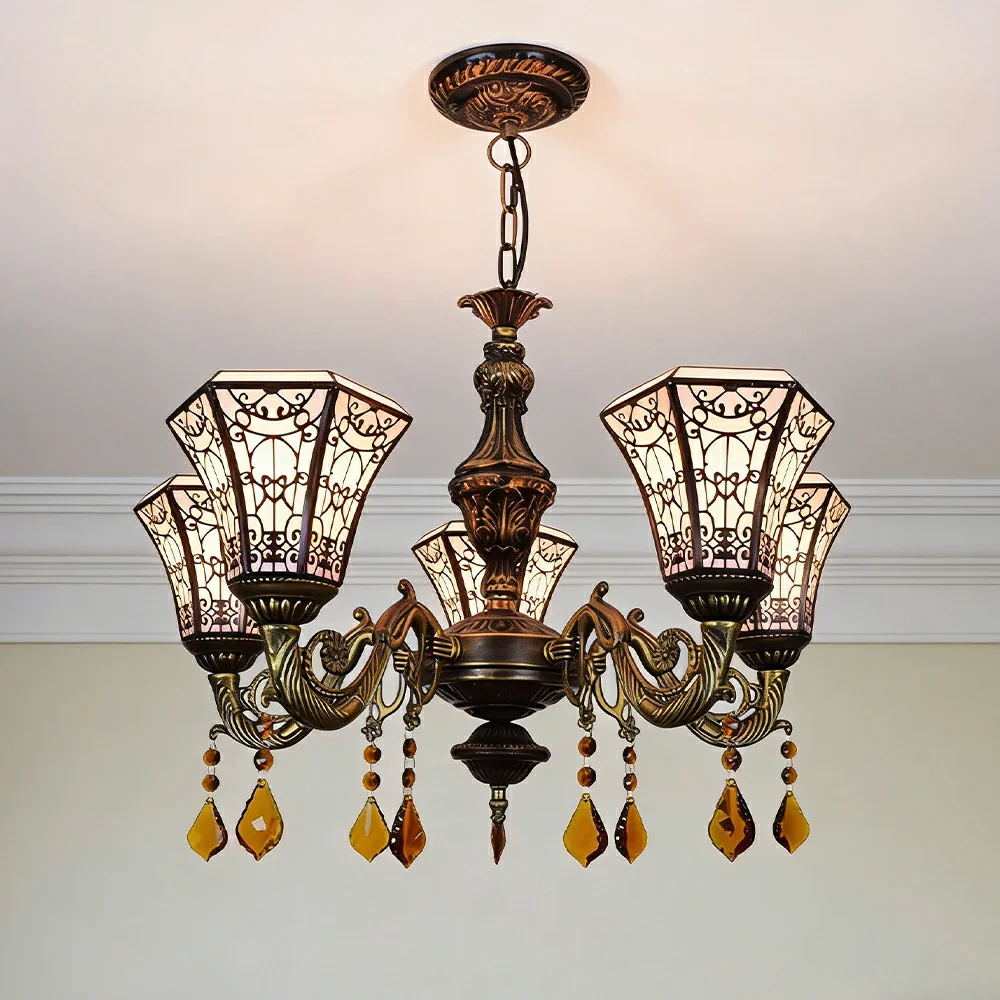 LIVARA 5-Light Stained Glass Chandelier Vintage Pendant Light Adjustable Chain 60x80cm Copper Mesh Design for Dining Living Room - Image 4