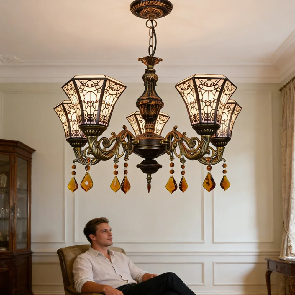 LIVARA 5-Light Stained Glass Chandelier Vintage Pendant Light Adjustable Chain 60x80cm Copper Mesh Design for Dining Living Room - Image 5