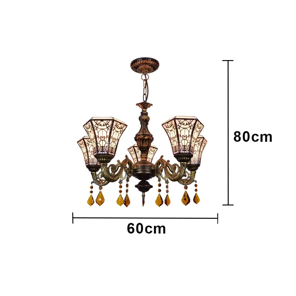 LIVARA 5-Light Stained Glass Chandelier Vintage Pendant Light Adjustable Chain 60x80cm Copper Mesh Design for Dining Living Room - Image 6