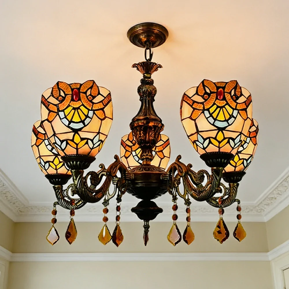 LIVARA 5-Light Stained Glass Chandelier Vintage Pendant Light Adjustable Chain 60x80cm Baroque Style Design for Dining Living Room - Image 4