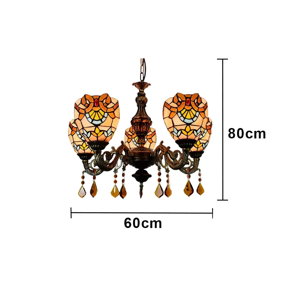 LIVARA 5-Light Stained Glass Chandelier Vintage Pendant Light Adjustable Chain 60x80cm Baroque Style Design for Dining Living Room - Image 6
