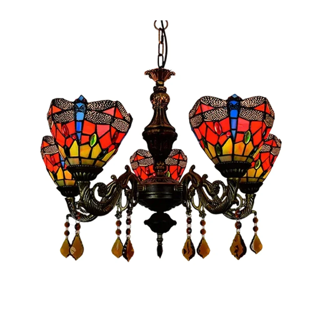 LIVARA 5-Light Stained Glass Chandelier Vintage Pendant Light Adjustable Chain 60x80cm Red Dragonfly Pattern Design for Dining Living Room