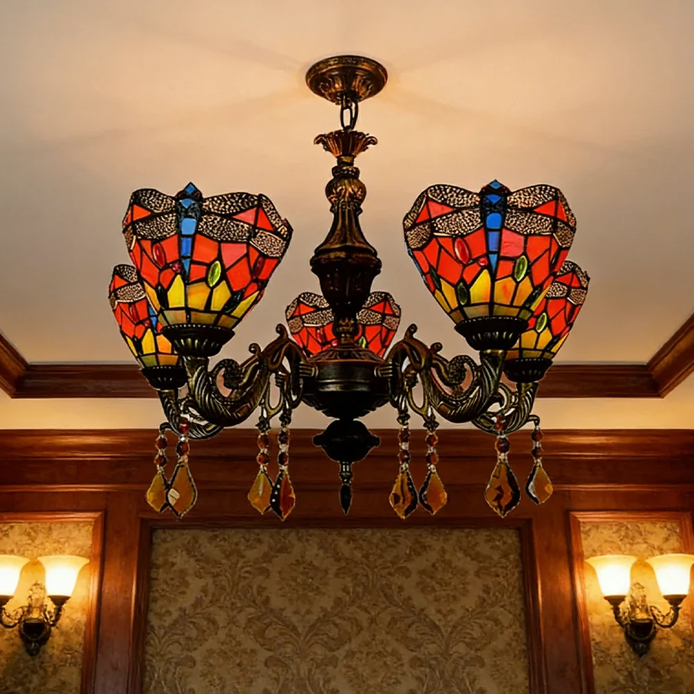 LIVARA 5-Light Stained Glass Chandelier Vintage Pendant Light Adjustable Chain 60x80cm Red Dragonfly Pattern Design for Dining Living Room - Image 2