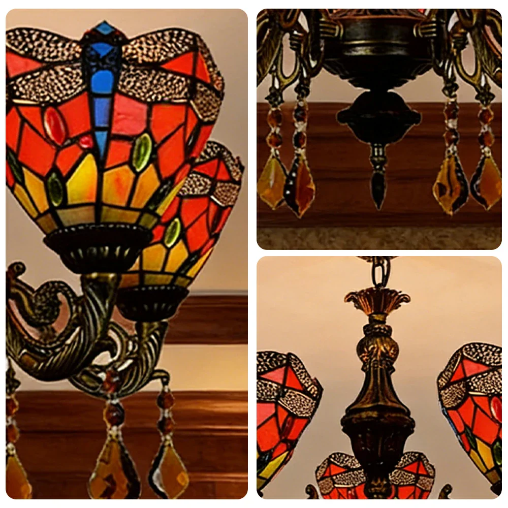 LIVARA 5-Light Stained Glass Chandelier Vintage Pendant Light Adjustable Chain 60x80cm Red Dragonfly Pattern Design for Dining Living Room - Image 3