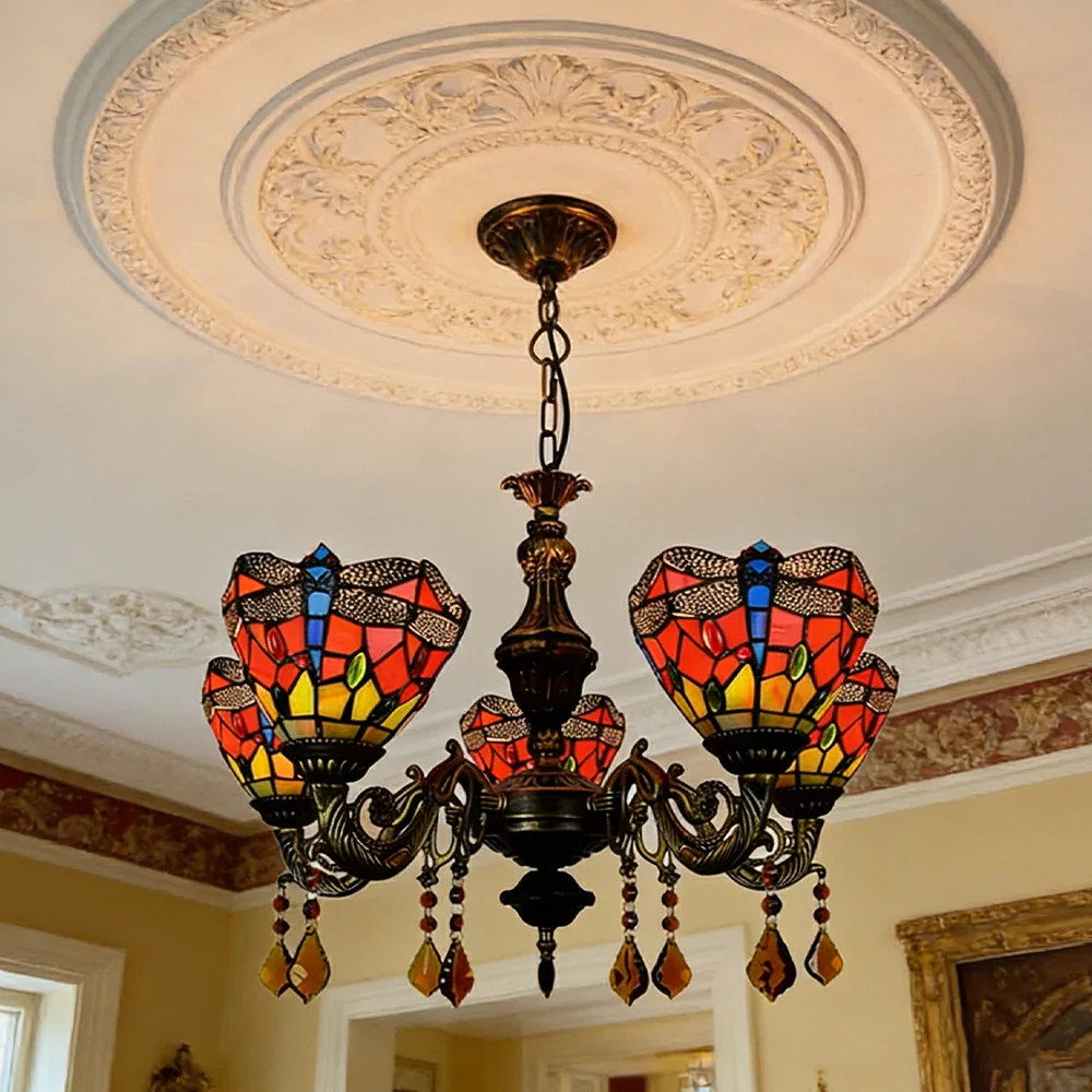 LIVARA 5-Light Stained Glass Chandelier Vintage Pendant Light Adjustable Chain 60x80cm Red Dragonfly Pattern Design for Dining Living Room - Image 4