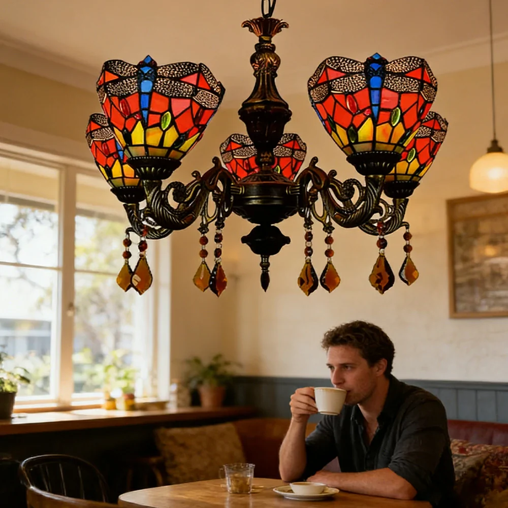 LIVARA 5-Light Stained Glass Chandelier Vintage Pendant Light Adjustable Chain 60x80cm Red Dragonfly Pattern Design for Dining Living Room - Image 5