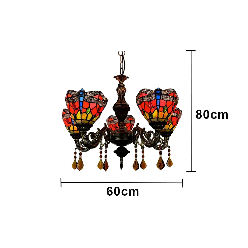 LIVARA 5-Light Stained Glass Chandelier Vintage Pendant Light Adjustable Chain 60x80cm Red Dragonfly Pattern Design for Dining Living Room - Image 6