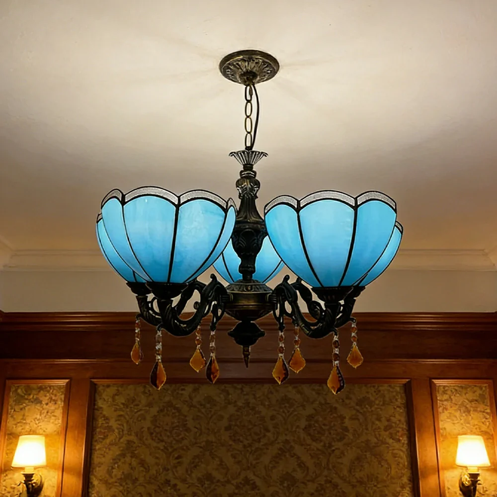 LIVARA Vintage European Stained Glass Chandelier Artistic Pendant Light 63x80cm Pattern Design for Dining Room Living Space - Blue - Image 2