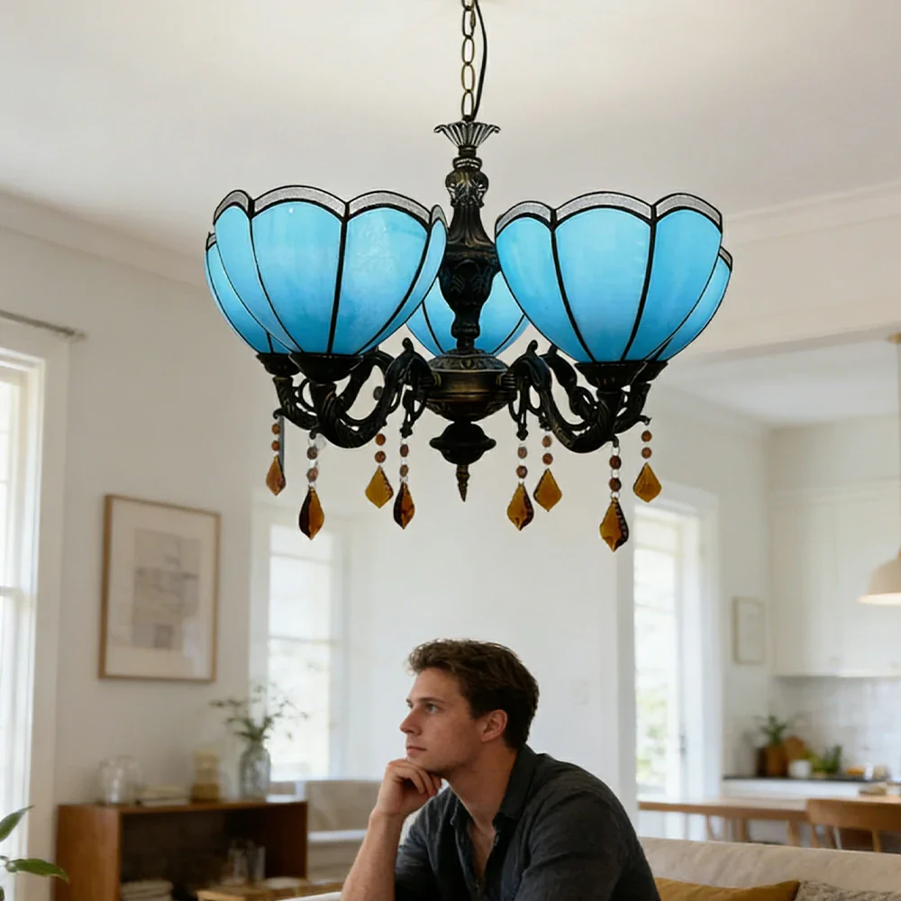 LIVARA Vintage European Stained Glass Chandelier Artistic Pendant Light 63x80cm Pattern Design for Dining Room Living Space - Blue - Image 3