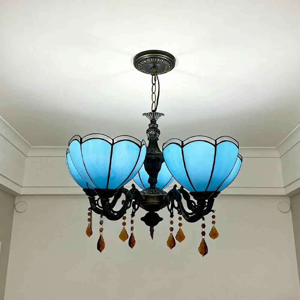 LIVARA Vintage European Stained Glass Chandelier Artistic Pendant Light 63x80cm Pattern Design for Dining Room Living Space - Blue - Image 4