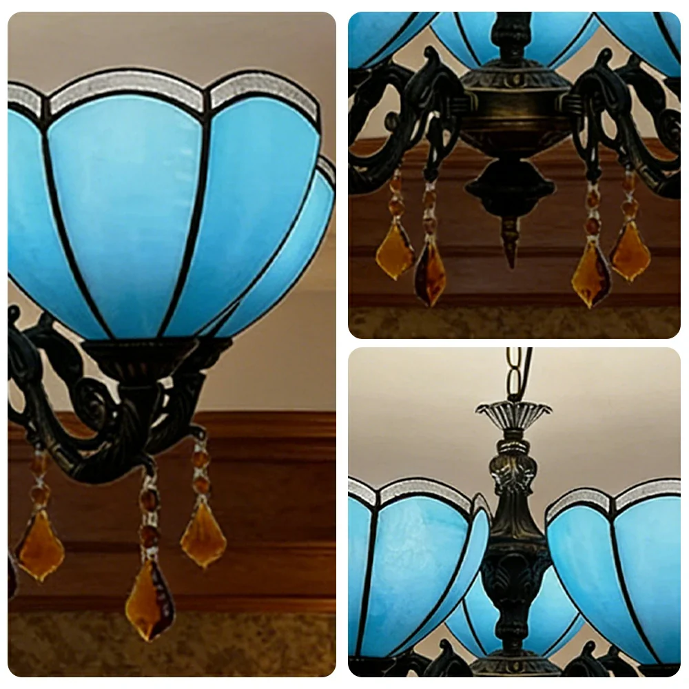 LIVARA Vintage European Stained Glass Chandelier Artistic Pendant Light 63x80cm Pattern Design for Dining Room Living Space - Blue - Image 5