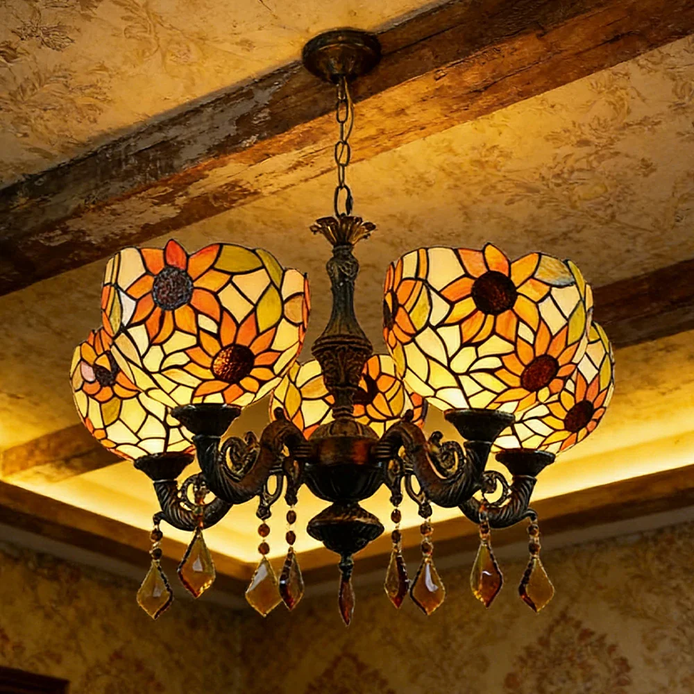 LIVARA 5-Light Stained Glass Chandelier Vintage Pendant Light Adjustable Chain 63x80cm Sunflower Pattern Design for Dining Living Room - Image 4