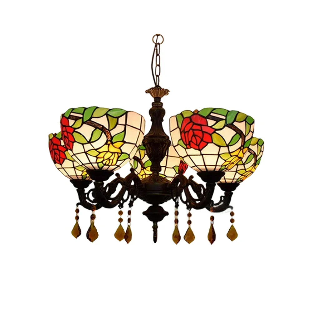 LIVARA 5-Light Stained Glass Chandelier Vintage Pendant Light Adjustable Chain 63x80cm Rose Flower Pattern Design for Dining Living Room
