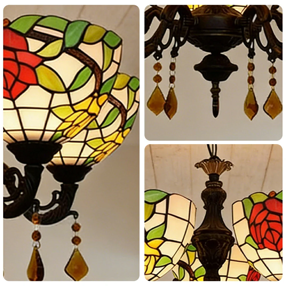 LIVARA 5-Light Stained Glass Chandelier Vintage Pendant Light Adjustable Chain 63x80cm Rose Flower Pattern Design for Dining Living Room - Image 3