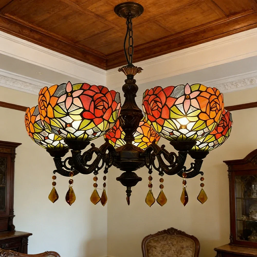 LIVARA 5-Light Stained Glass Chandelier Vintage Pendant Light Adjustable Chain 63x80cm Vivid Rose Pattern Design for Dining Living Room - Image 2