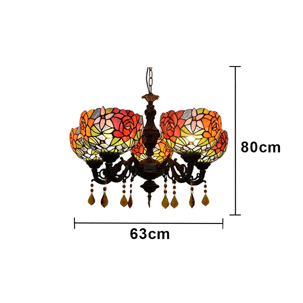 LIVARA 5-Light Stained Glass Chandelier Vintage Pendant Light Adjustable Chain 63x80cm Vivid Rose Pattern Design for Dining Living Room - Image 6
