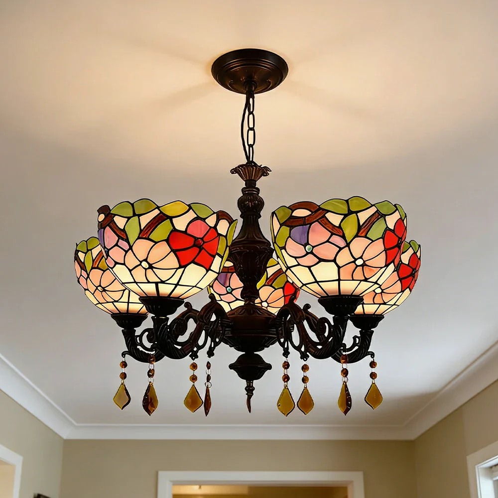 LIVARA 5-Light Stained Glass Chandelier Vintage Pendant Light Adjustable Chain 63x80cm Morning Glory Style Design for Dining Living Room - Image 4