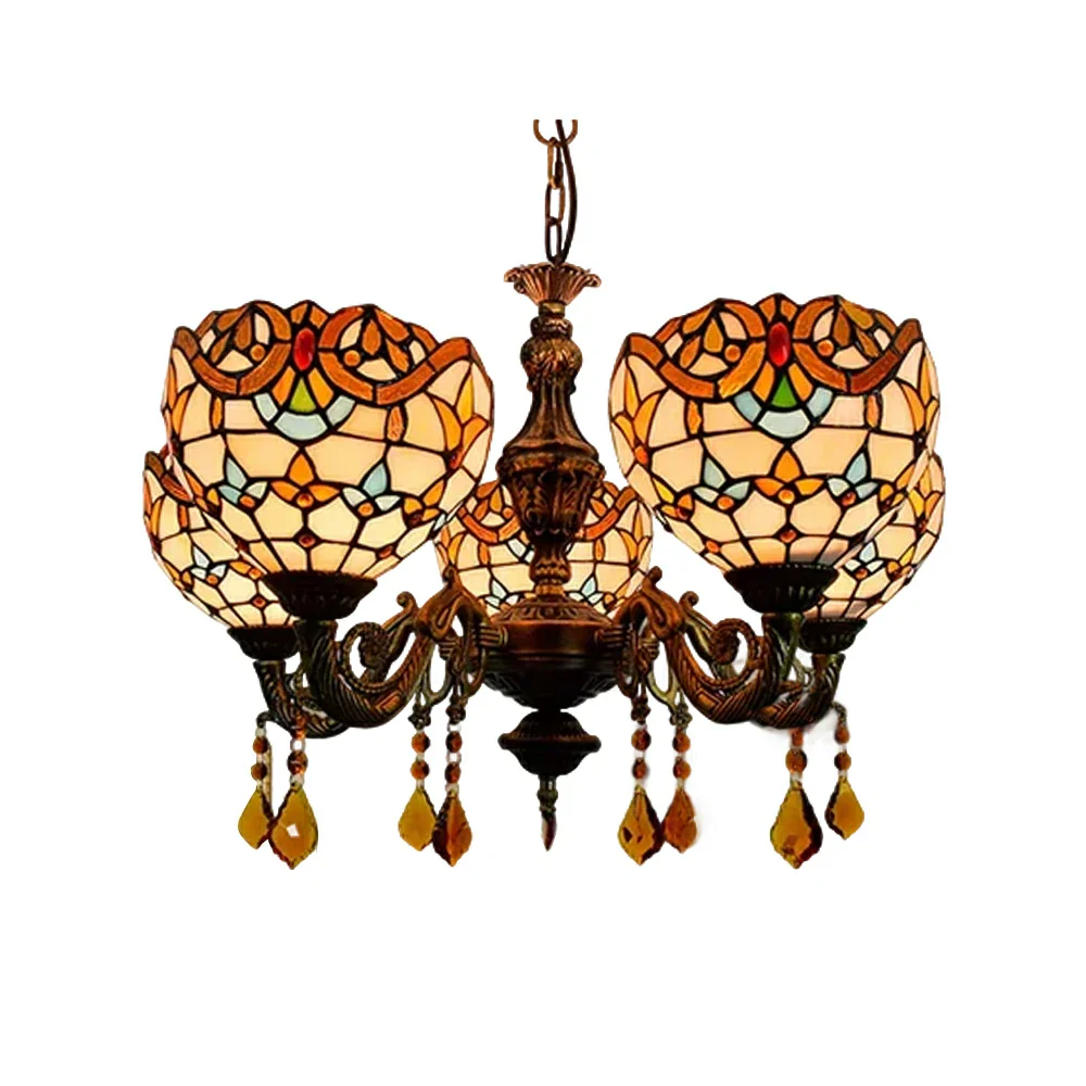LIVARA 5-Light Stained Glass Chandelier Vintage Pendant Light Adjustable Chain 63x80cm Baroque Style Design for Dining Living Room