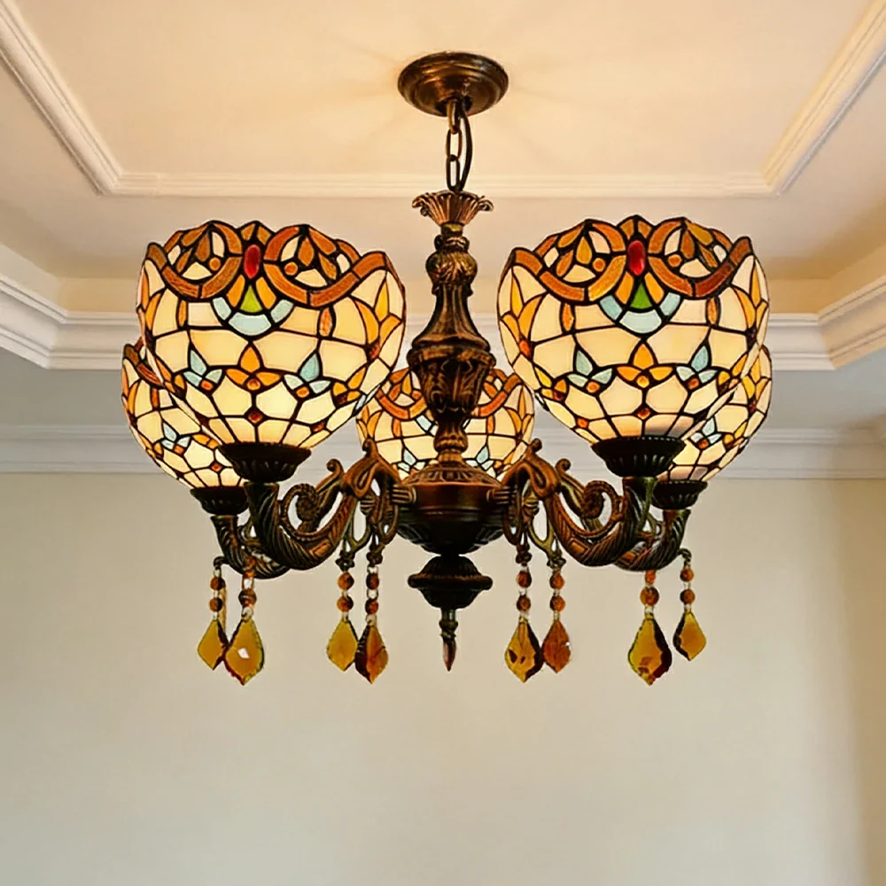 LIVARA 5-Light Stained Glass Chandelier Vintage Pendant Light Adjustable Chain 63x80cm Baroque Style Design for Dining Living Room - Image 2