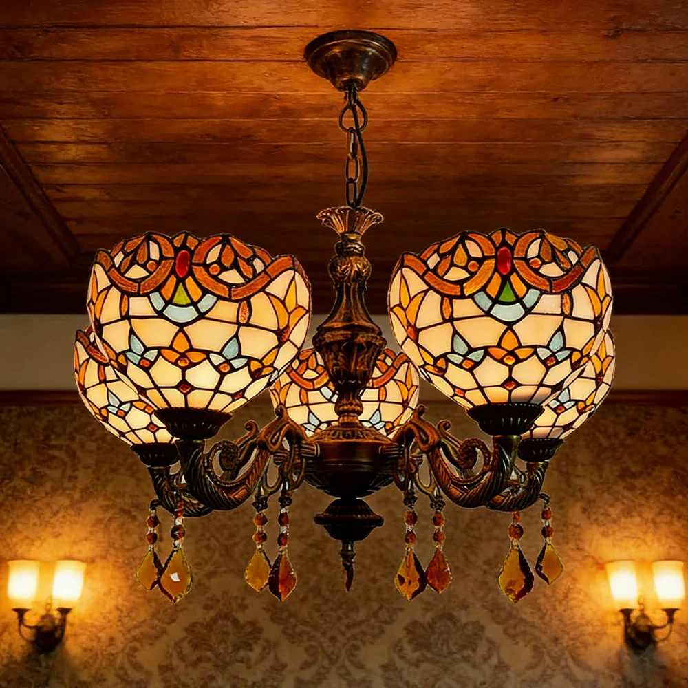 LIVARA 5-Light Stained Glass Chandelier Vintage Pendant Light Adjustable Chain 63x80cm Baroque Style Design for Dining Living Room - Image 4